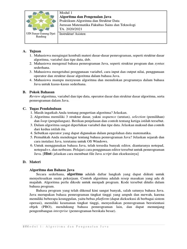 Salinan Modul 1 Algoritma Dan Pengenalan Java | PDF