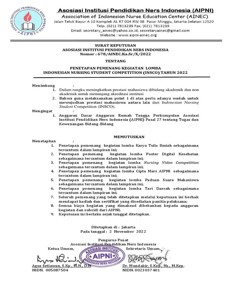 Rev. SK Penetapan Juara Lomba Insco Tahun 2022 | PDF