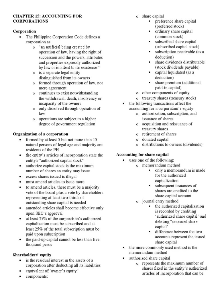 Chapter 15 Notes | Download Free PDF | Preferred Stock | Treasury Stock