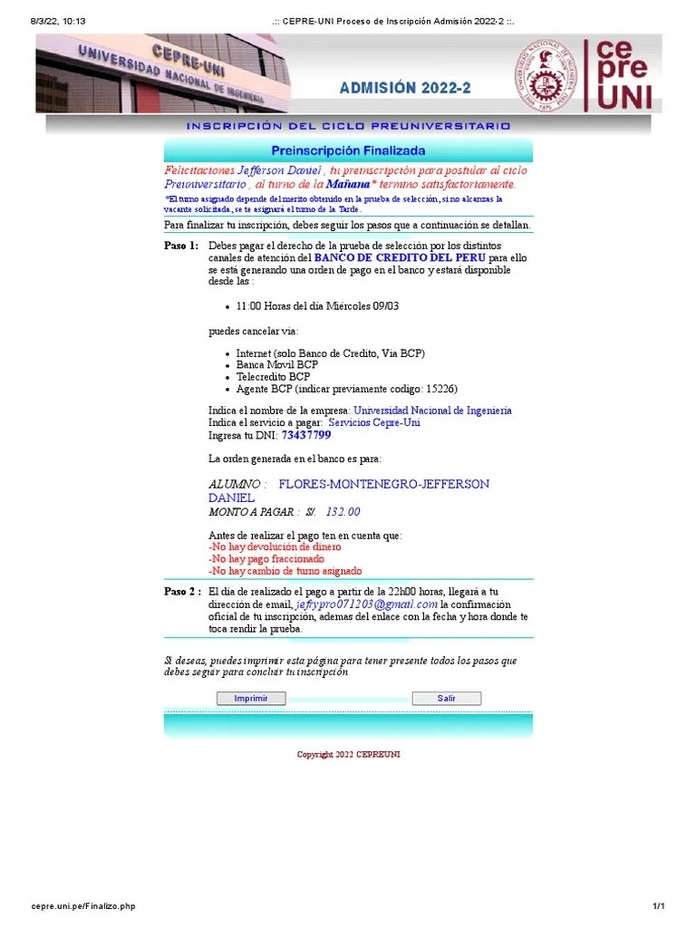 CEPRE-UNI Proceso De Inscripción Admisión 2022-2 ___ | PDF