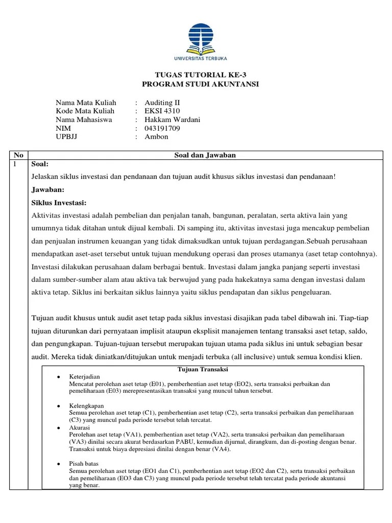 Jawaban Tugas Tutorial Ke-3 Auditing 2 | PDF