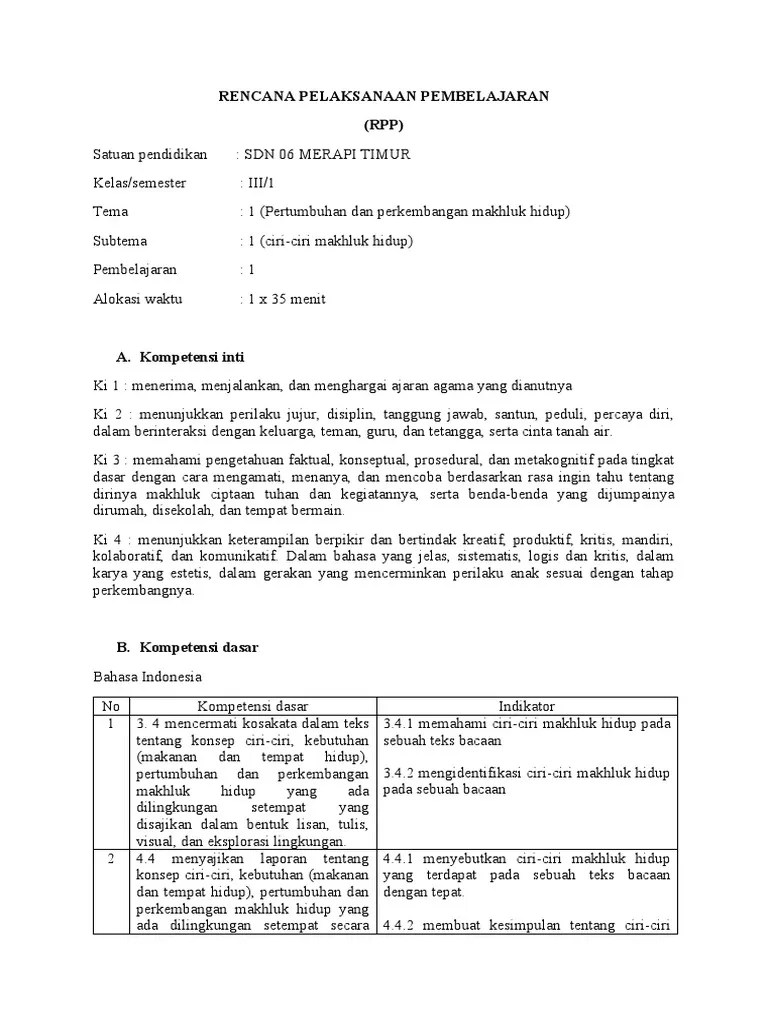 RPP Kelas 3 SD Semester 1 | PDF