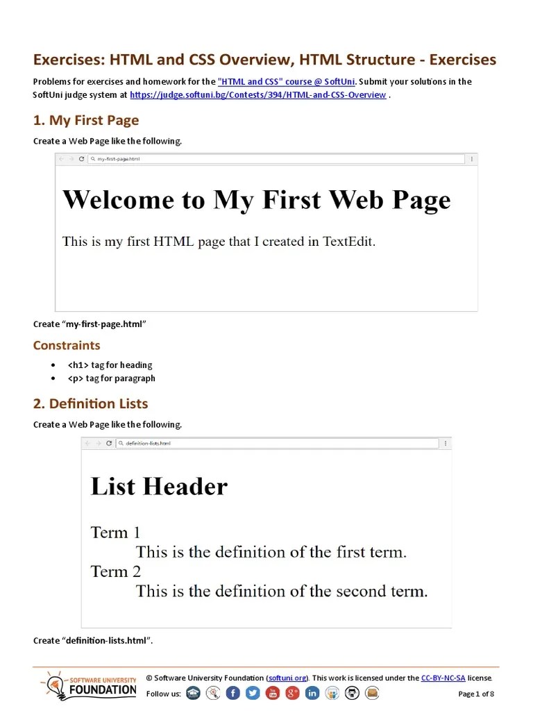 Html And Css Overview And Html Structure Exercises Pdf