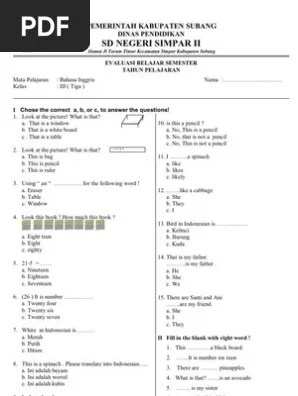 Kumpulan Soal Bahasa Inggris Kelas 3 Worksheet 