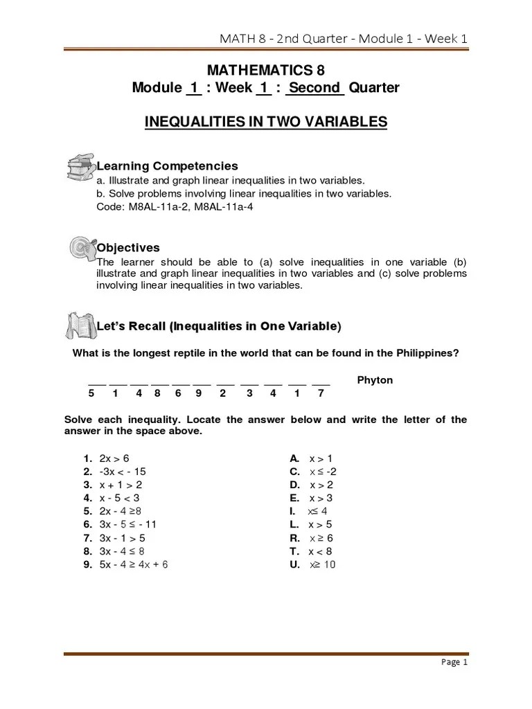 MATH - Grade 8 - Quarter 2 - Module 1 - Week 1 | PDF | Applied ...