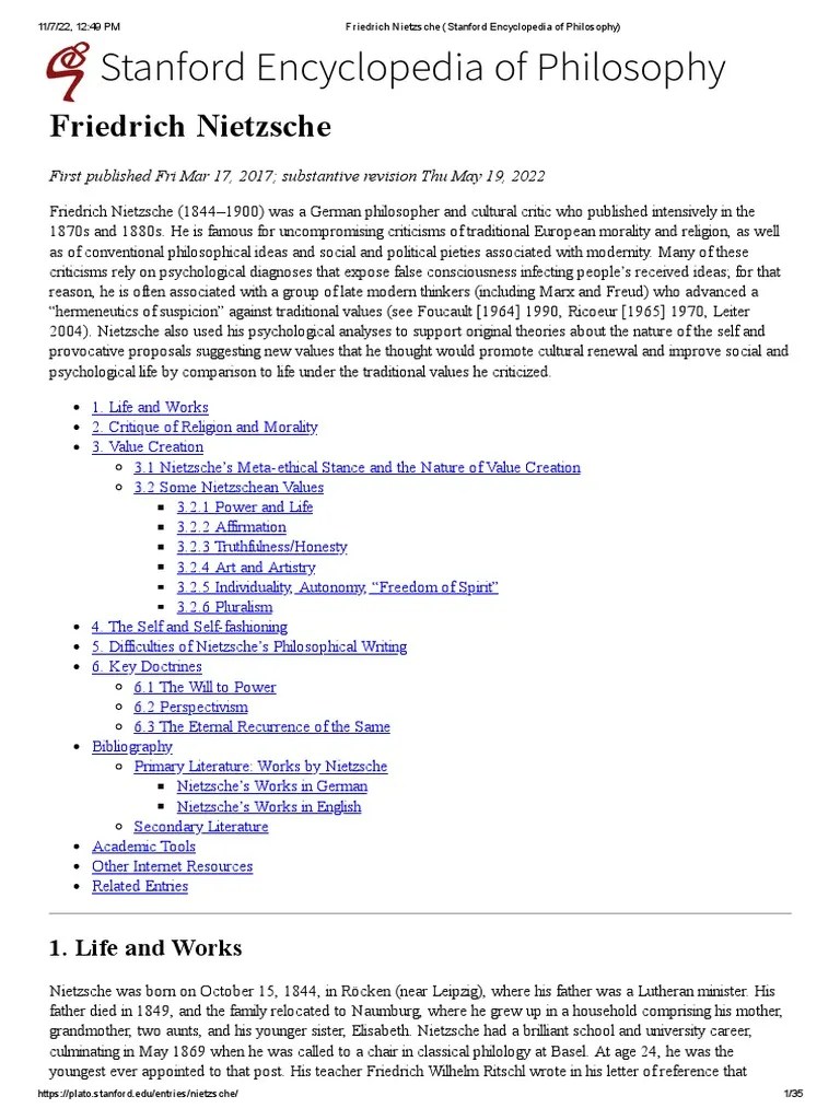 Friedrich Nietzsche (Stanford Encyclopedia Of Philosophy) | PDF | Friedrich Nietzsche | Asceticism