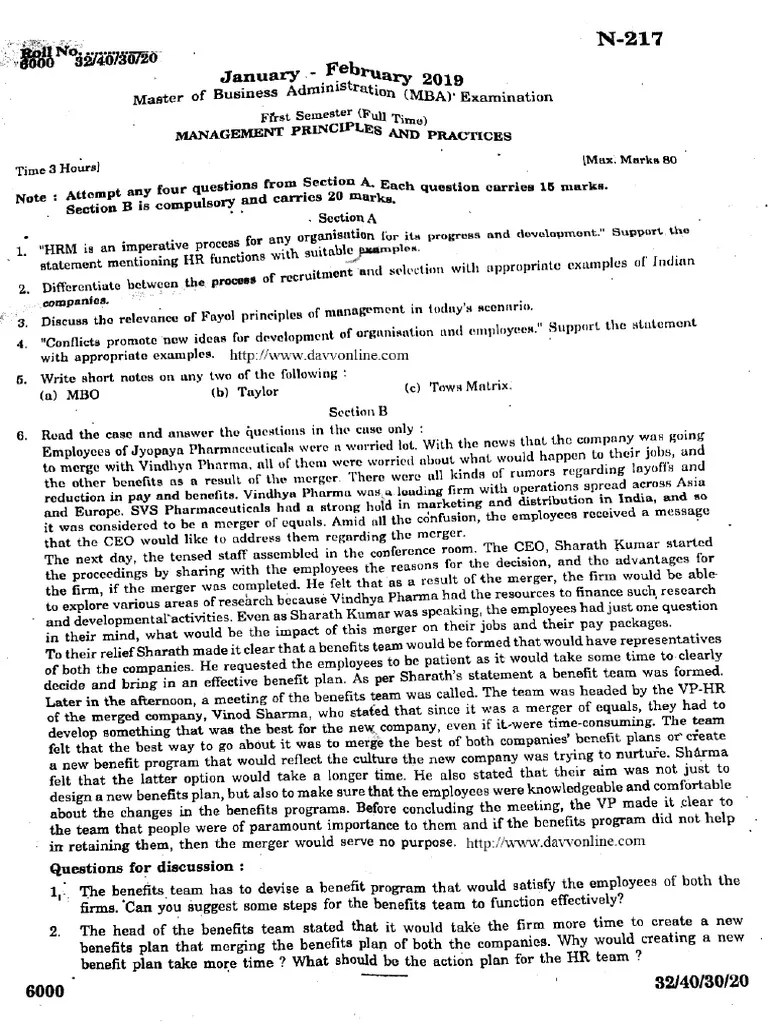 Mba 1 Sem Management Principles And Practices N 217 Feb 2019 Pdf