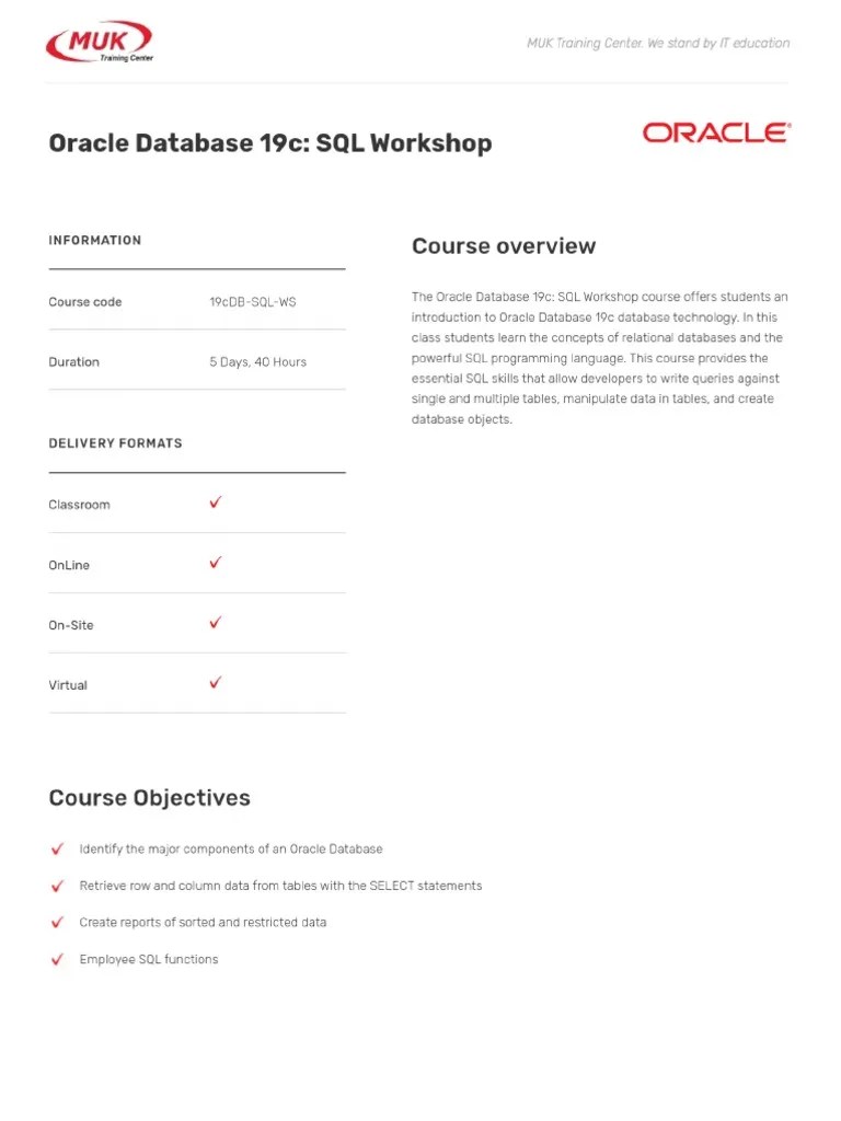 Oracle Database 19c - SQL Workshop | PDF