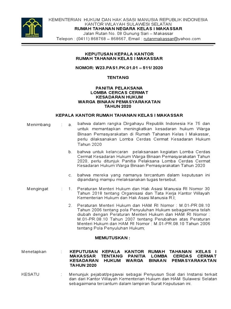 SK Panitia Lomba Cerdas Cermat Darkum WBP 2020 | PDF