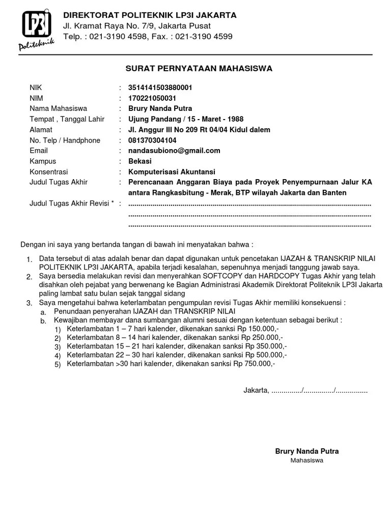 Surat Pernyataan Mahasiswa | PDF