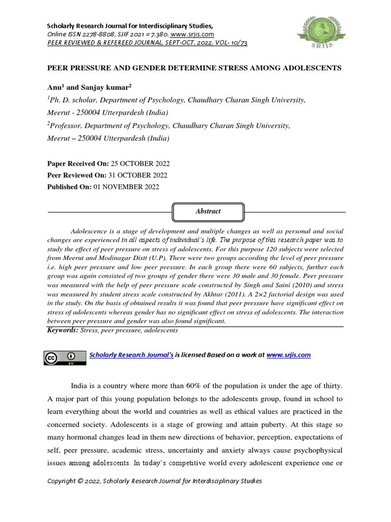 Peer Pressure And Gender Determine Stress Among Adolescents | PDF ...