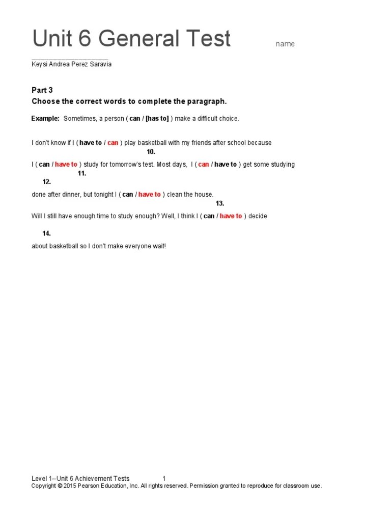 Top Notch 1 Unit 6 Assessment | PDF