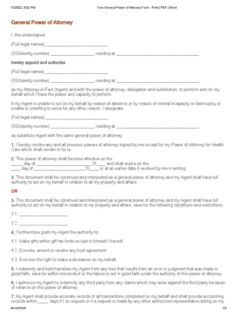 Free General Power Of Attorney Form - Print - PDF - Word | PDF | Power Of Attorney | Business Law