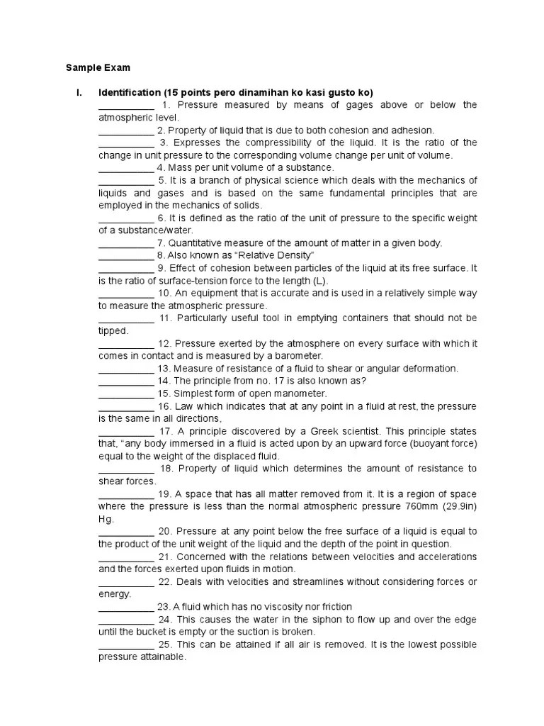 Fluid Mechanics Sample Exam | PDF | Pressure | Liquids