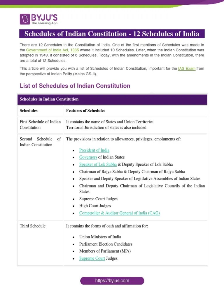 Schedules Of Indian Constitution | Download Free PDF | Government Of India | U.S. State