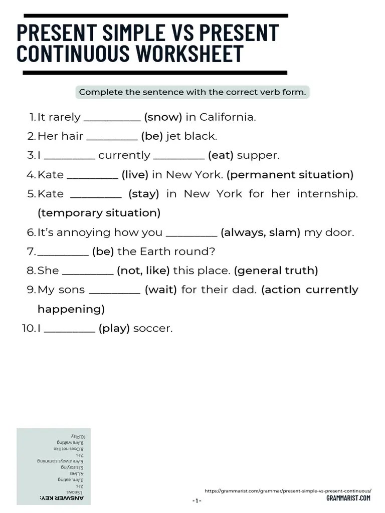 Present Simple Vs Present Continuous Worksheet | PDF