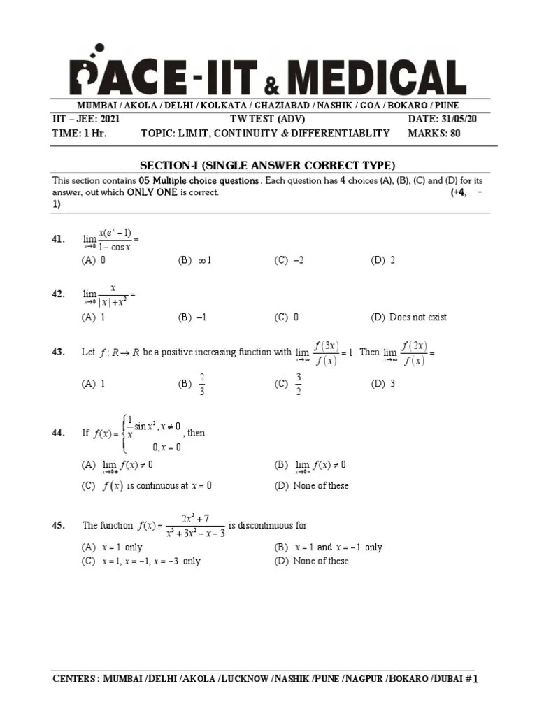 Limit, Continuity & Differentiability (Question Paper) | PDF | Function (Mathematics ...