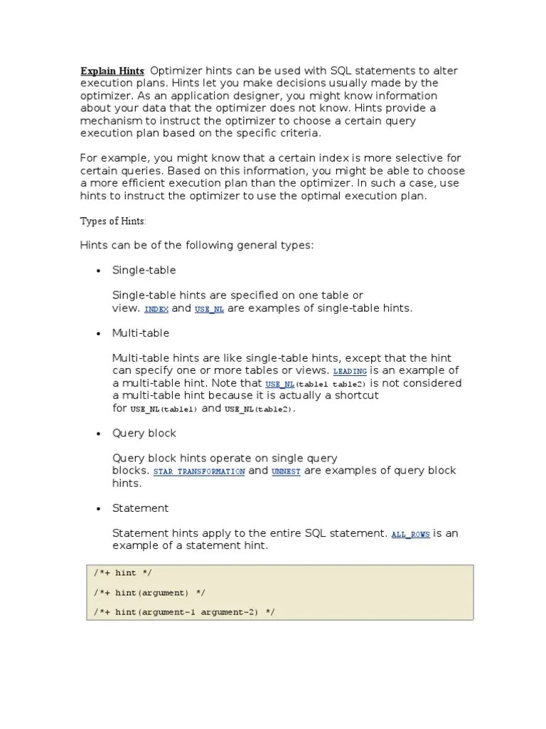 SQL Optimizer Hints Guide: How And When To Use Execution Plan Hints | PDF | Database Index | Sql