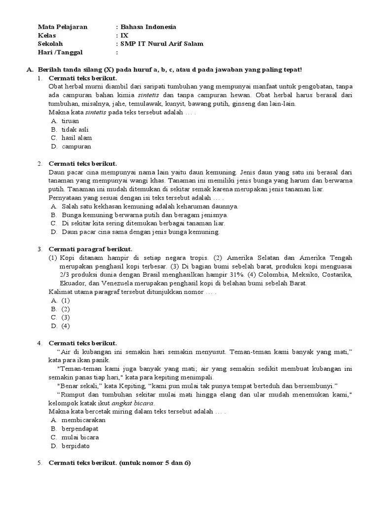 Soal Pas Bahasa Indonesia Kelas 9 | PDF