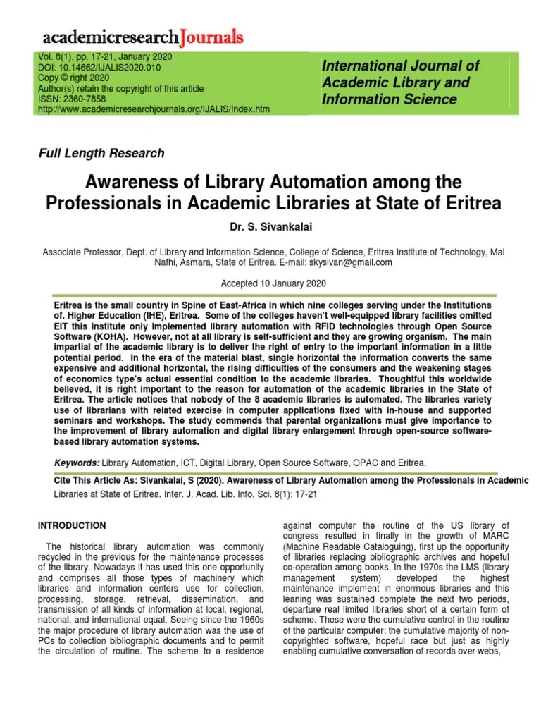 2020 Awareness Of Library Automation Among The | PDF | Libraries ...
