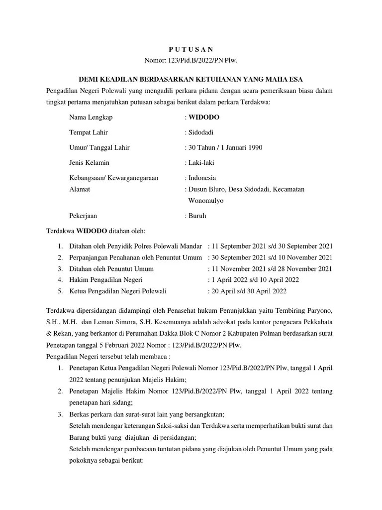 Contoh Putusan Hakim Tingkat Pertama | PDF