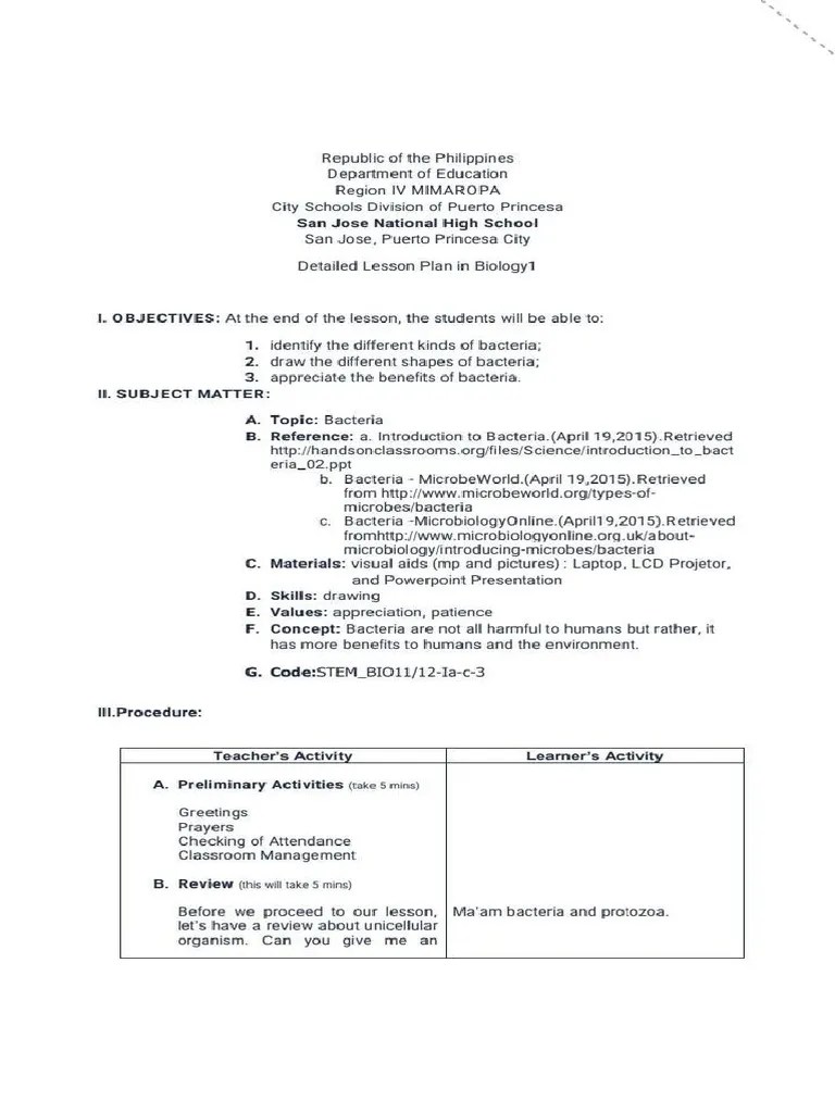 Detailed Lesson Plan Biology 1 | PDF