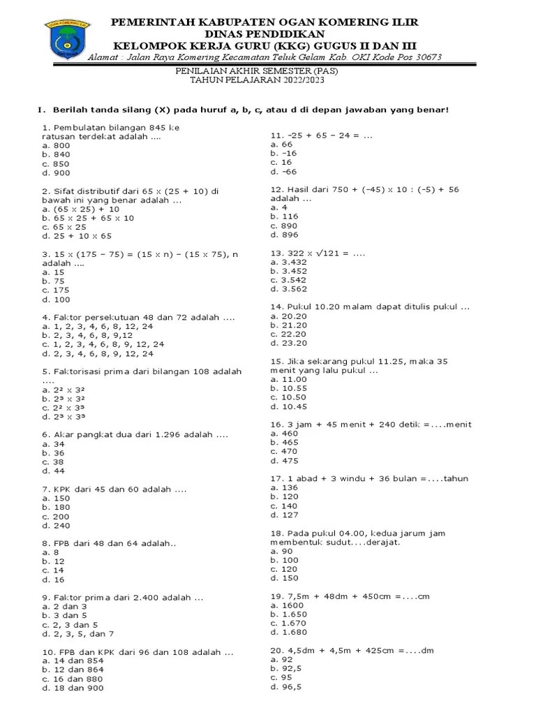 Soal UAS Matematika Kelas 5 Semester 1 | PDF