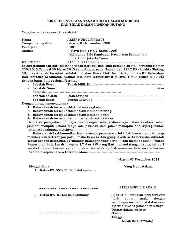 Surat Pernyataan Tanah Tidak Dalam Sengketa Tuti | PDF