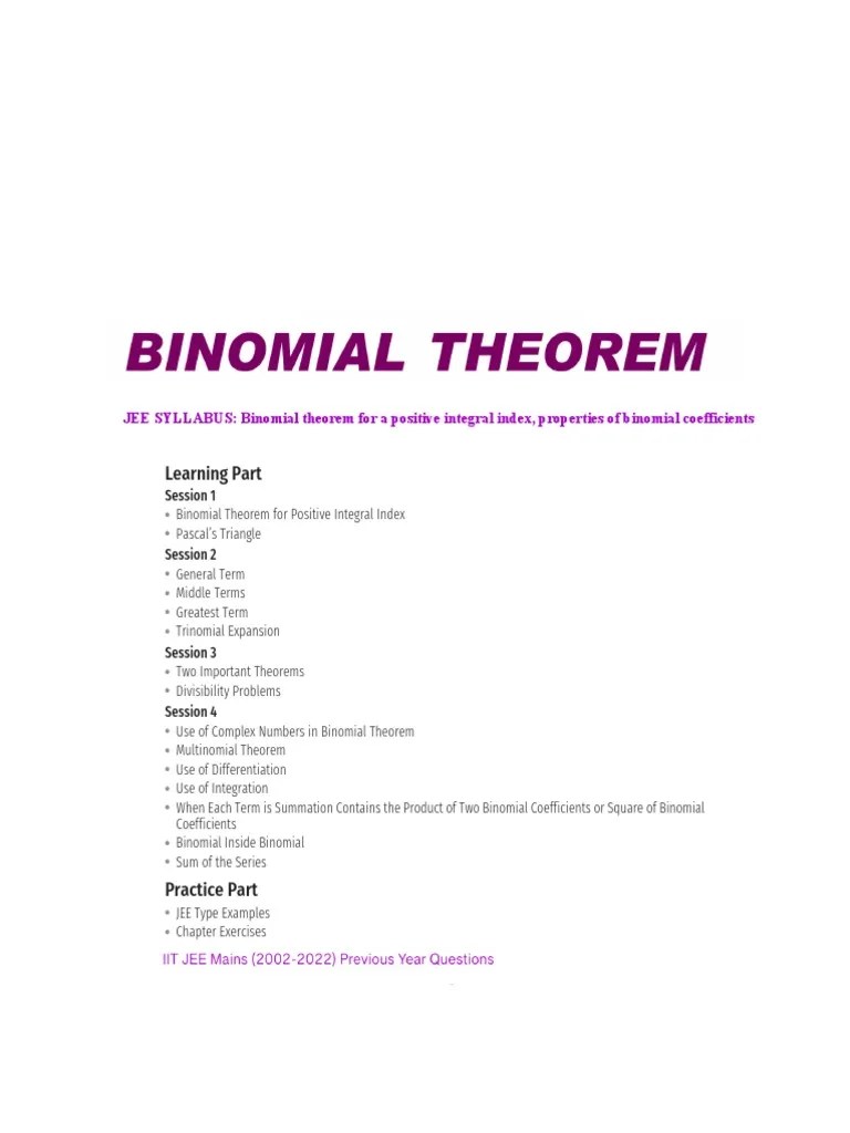 Binomial Theorem Material It Jee | PDF | Summation | Number Theory