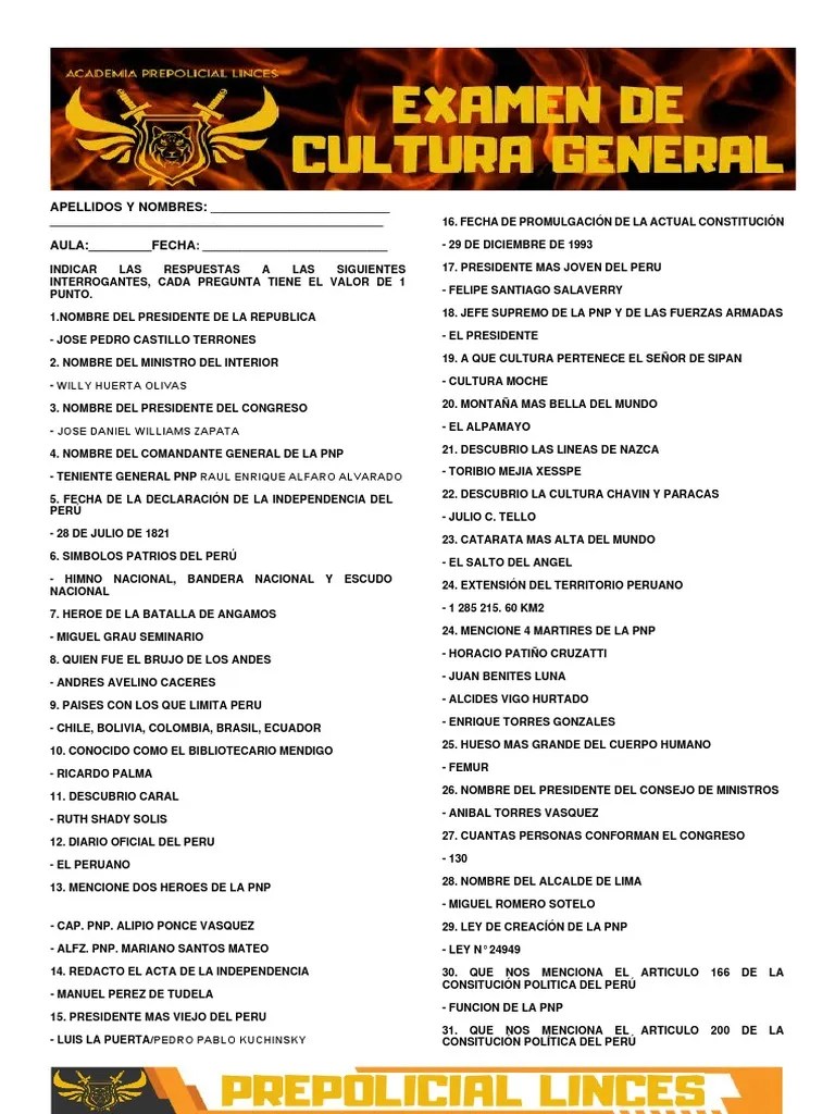 Examen De Cultura General I 100 Preguntas Mix Claves | PDF | Perú ...