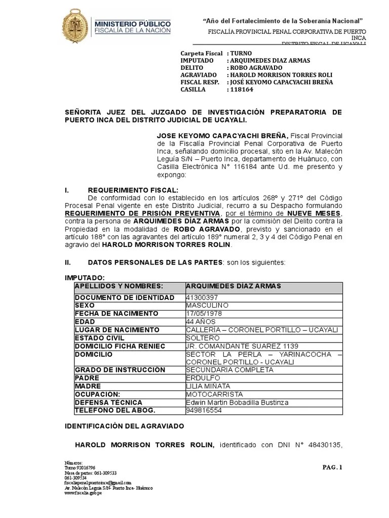Requerimiento De Prisión Preventiva Por Nueve Meses Contra Arquímedes Díaz Armas Por El Delito ...