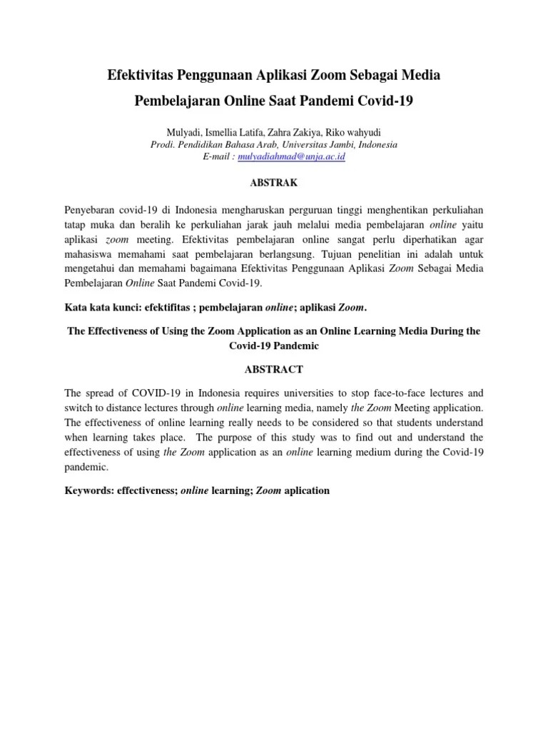 Efektivitas Penggunaan Aplikasi Zoom Sebagai Media Pembelajaran Online Saat Pandemi | PDF