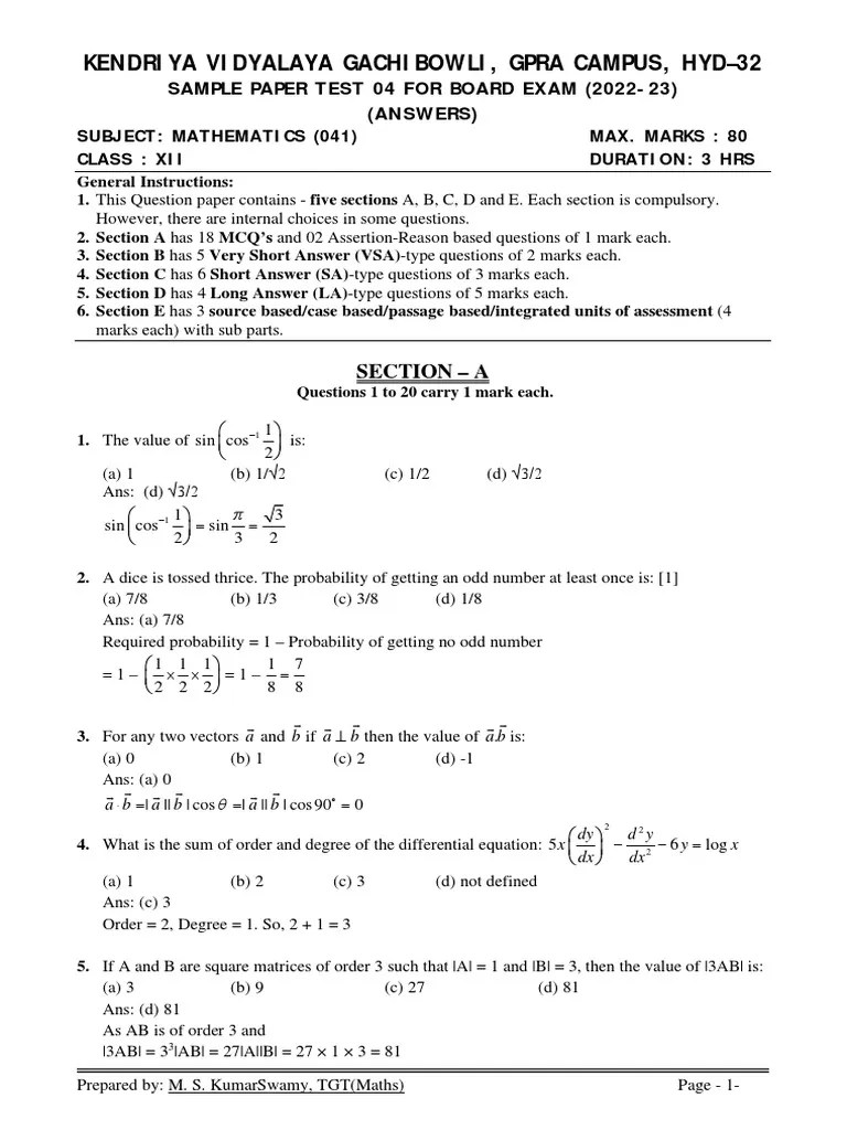 Maths Class Xii Sample Paper Test 04 For Board Exam 2023 Answers | PDF ...