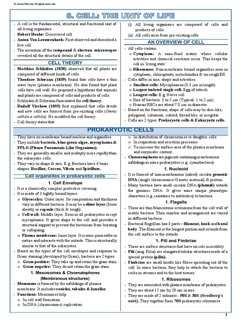 8 Cell - The Unit Of Life-Notes | PDF | Cell (Biology) | Cell Membrane