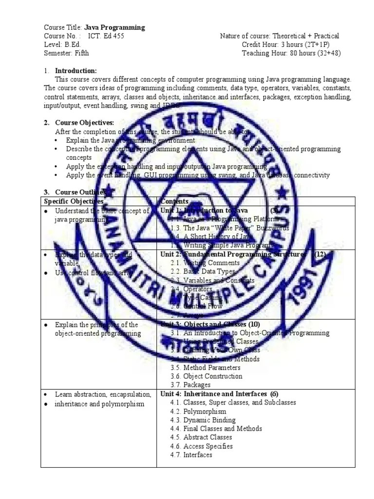 5th Sem Syllabus (ICT 455 Java Programming) | PDF | Class (Computer ...