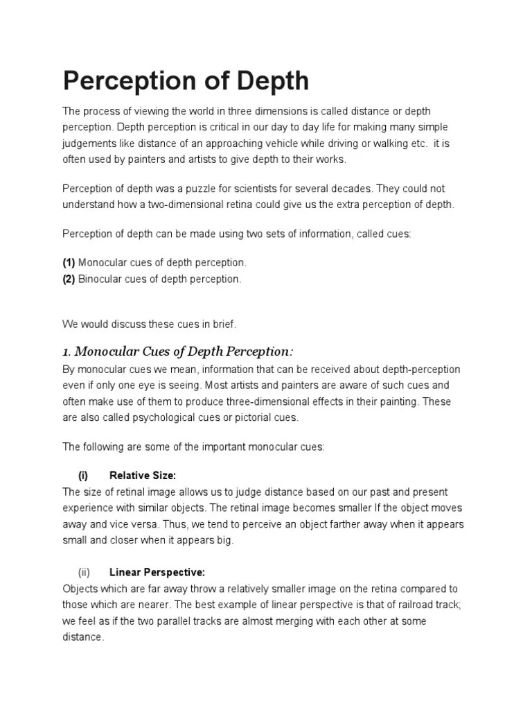 Perception Of Depth | PDF | Imaging | Neuropsychological Assessment