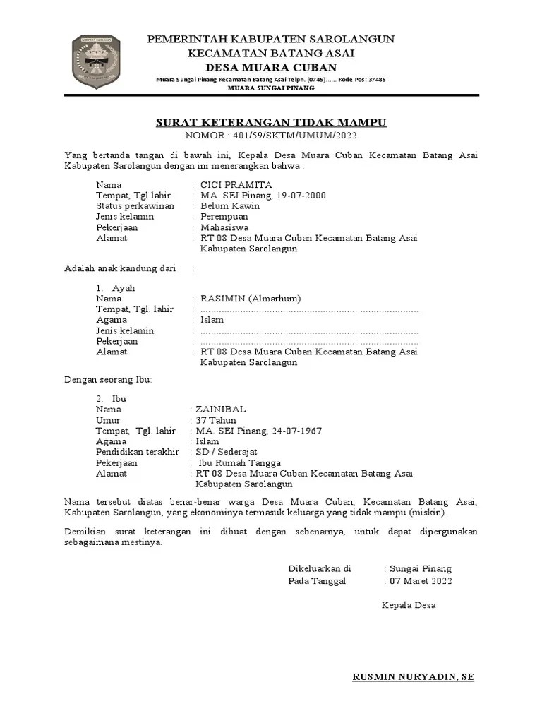 Surat Keterangan Tidak Mampu | PDF