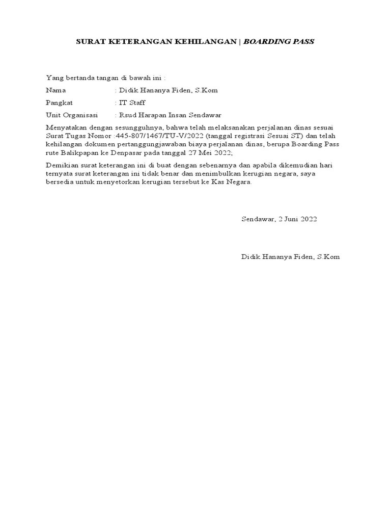 SURAT KETERANGAN KEHILANGAN BOARDING PASS | PDF