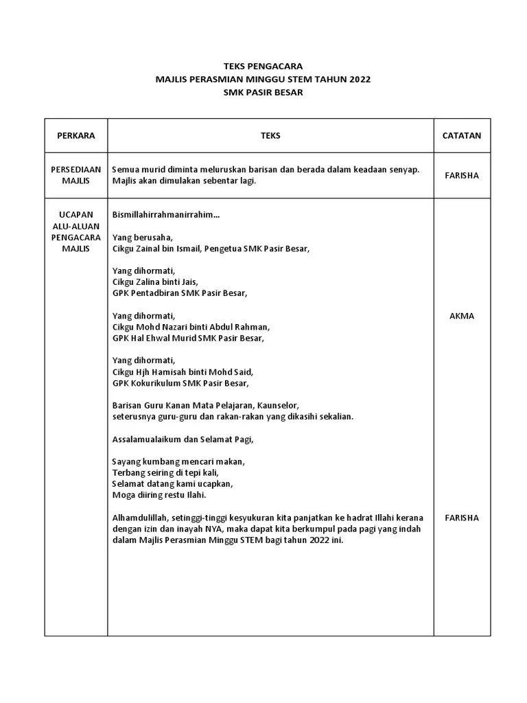 Teks Pengacara Majlis Perasmian Stem | PDF