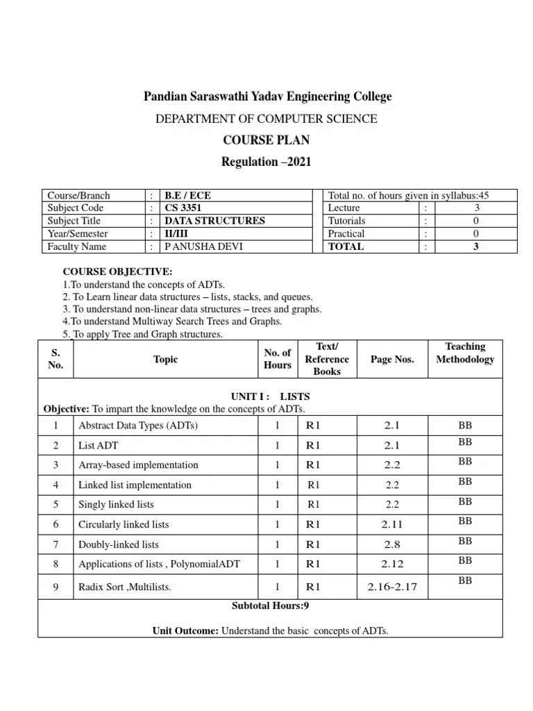 Data Structure Course Plan | PDF | Algorithms And Data Structures ...