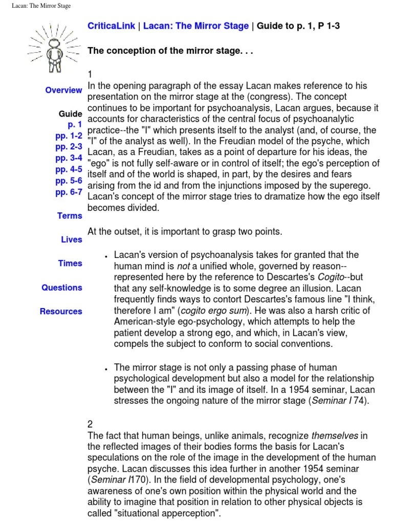 Lacan The Mirror Stage Guide | PDF | Psychoanalysis | Jacques Lacan