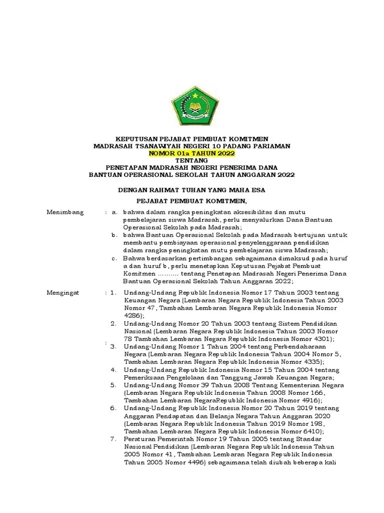 BOS-03B SK Penetapan Madrasah Negeri Sasaran Penerima BOS TA 2022 | PDF