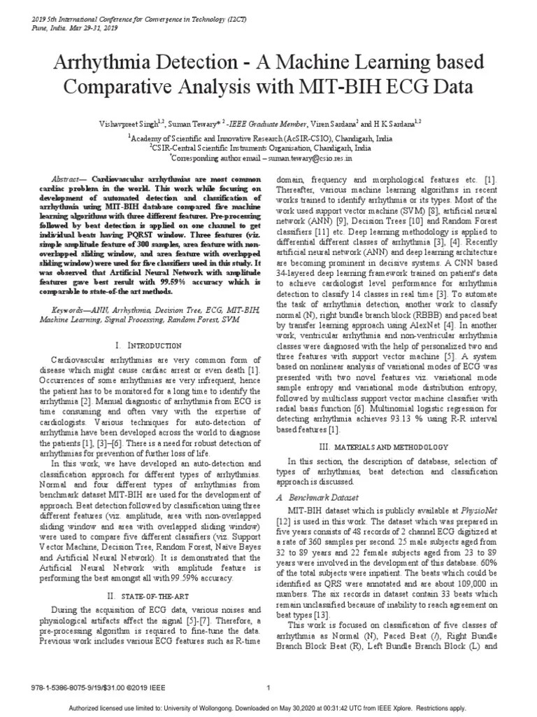 Arrhythmia Detection - A Machine Learning Based | PDF | Machine Learning | Statistical ...