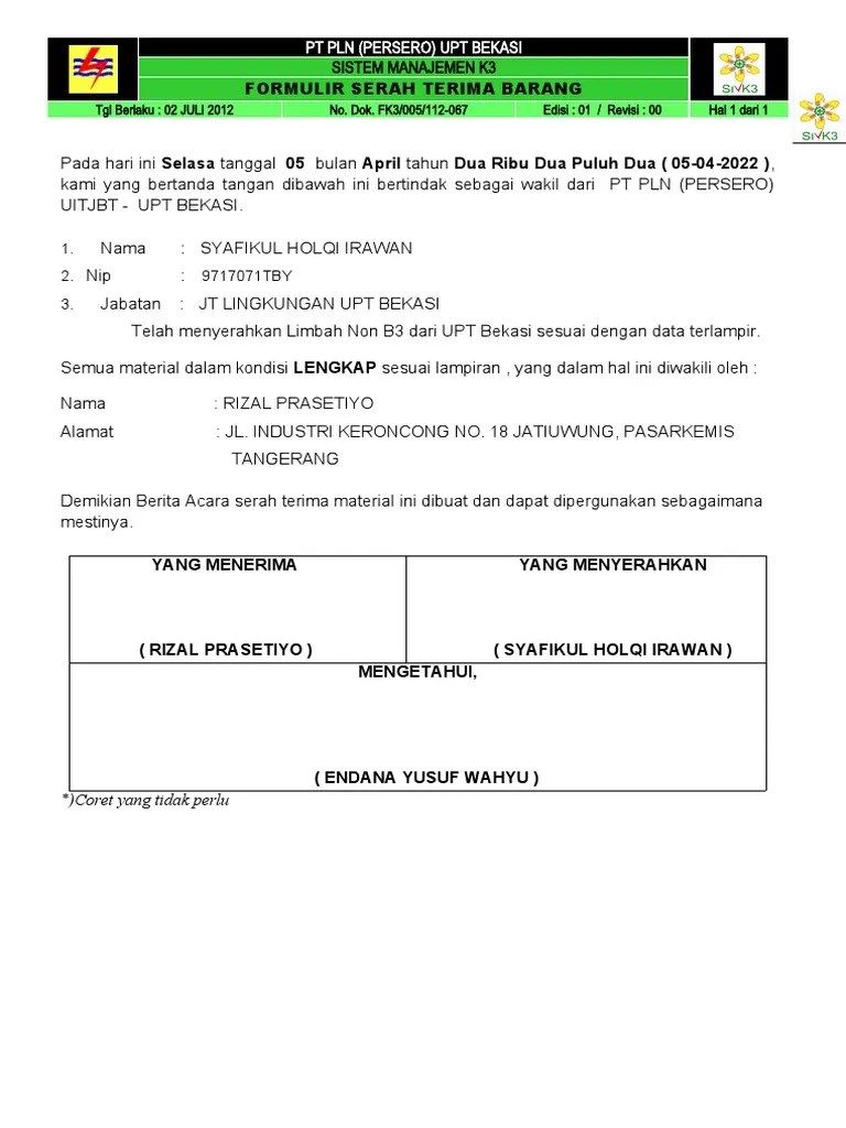 SERAH TERIMA LIMBAH NON B3 | PDF