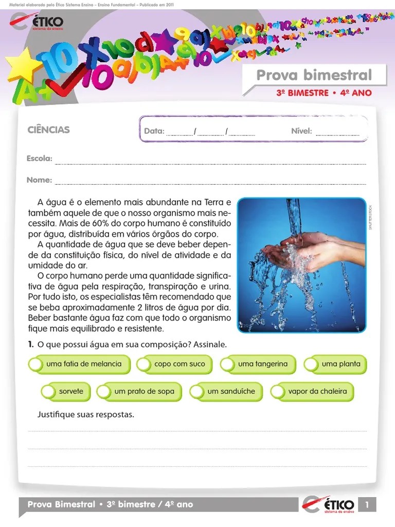 Prova Bimestral De Ciências Do 3o Ano Do Ensino Fundamental Sobre água ...