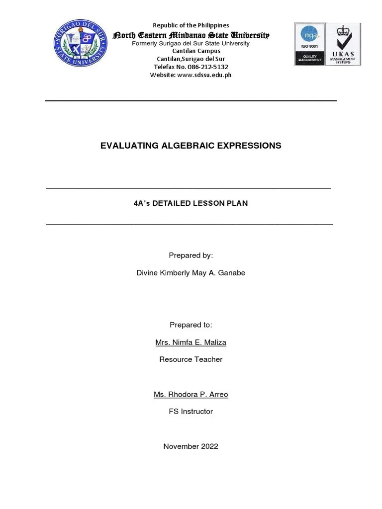 Lesson Plan Evaluating Algebraic Expression | PDF | Polynomial | Algebra