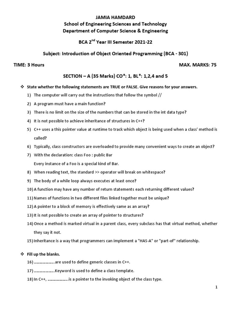 Question Paper 2021 Introduction To Object Oriented Programming | PDF ...
