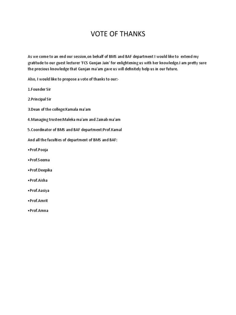 Vote Of Thanks | PDF