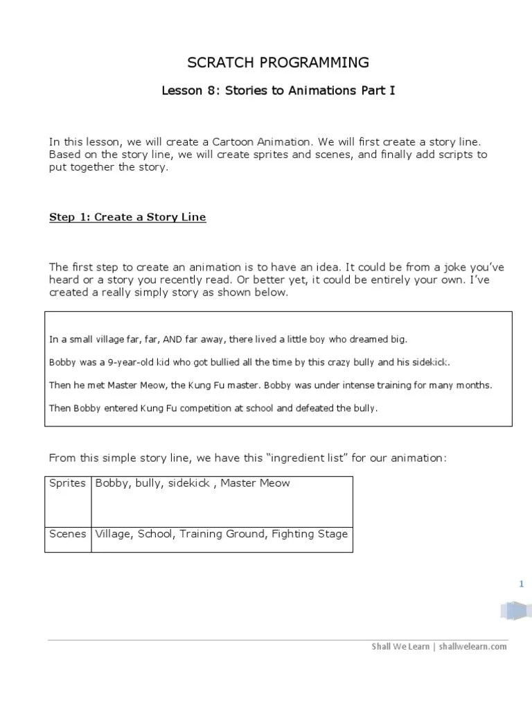 Scratch Lesson 8 From Stories To Animations Part I | PDF | Scratch (Programming Language) | Leisure